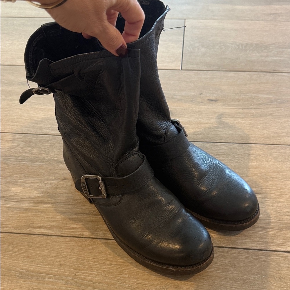 Frye Black Leather Buckle Boots